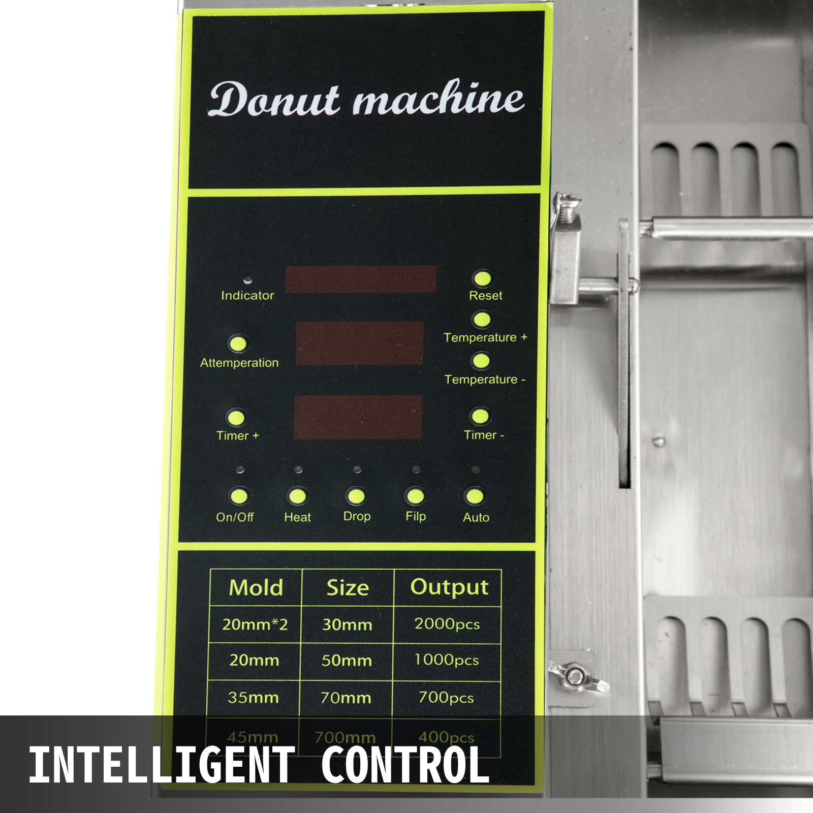 control panel of the VEVOR donut making machine with various settings and output options.