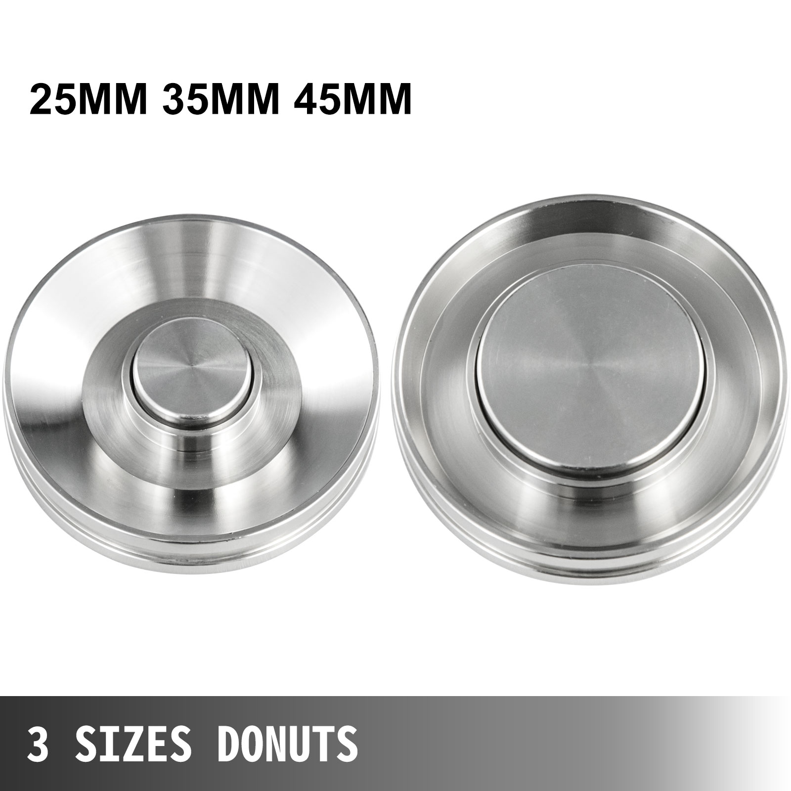 VEVOR donut making machine with 3 sizes: 25mm, 35mm, 45mm stainless steel parts.