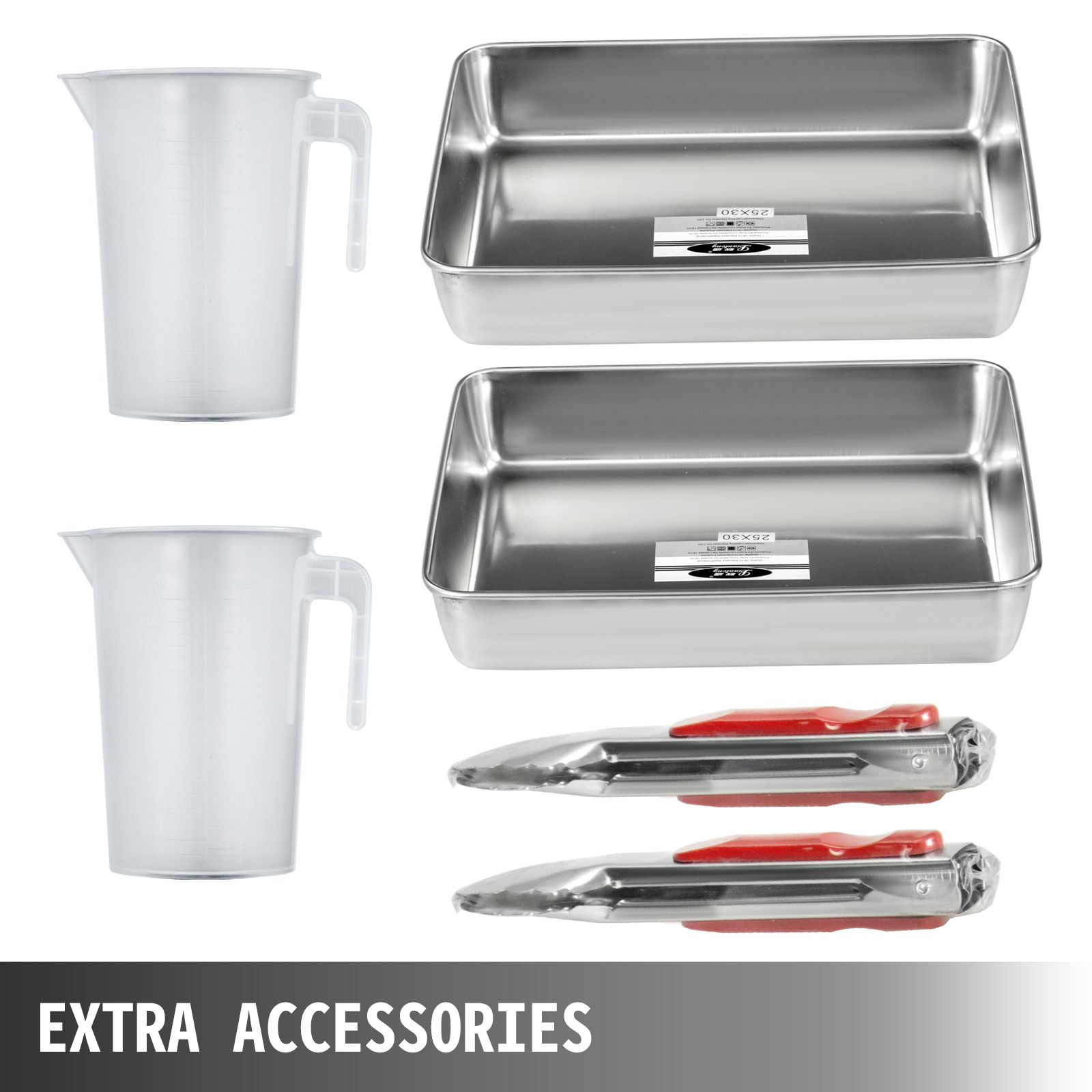 VEVOR donut making machine extra accessories: measuring cups, trays, and tongs.
