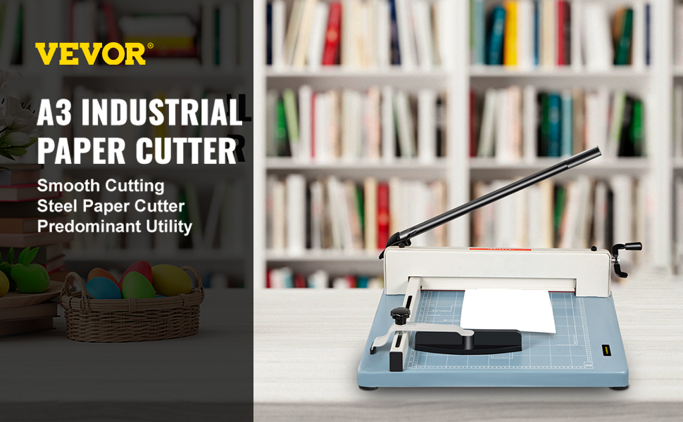 VEVOR industrial paper cutter displaying smooth cutting and steel construction on a table.