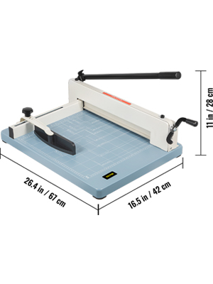 VEVOR industrial paper cutter with dimensions 26.4 x 16.5 x 11 inches.