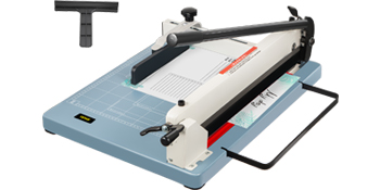 VEVOR industrial paper cutter with a blue base and black cutting lever.