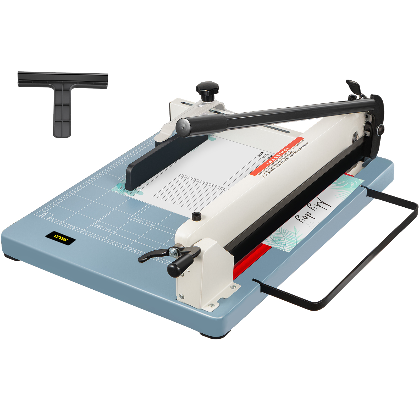 VEVOR industrial paper cutter with metal handle and measurement grid on a blue base.