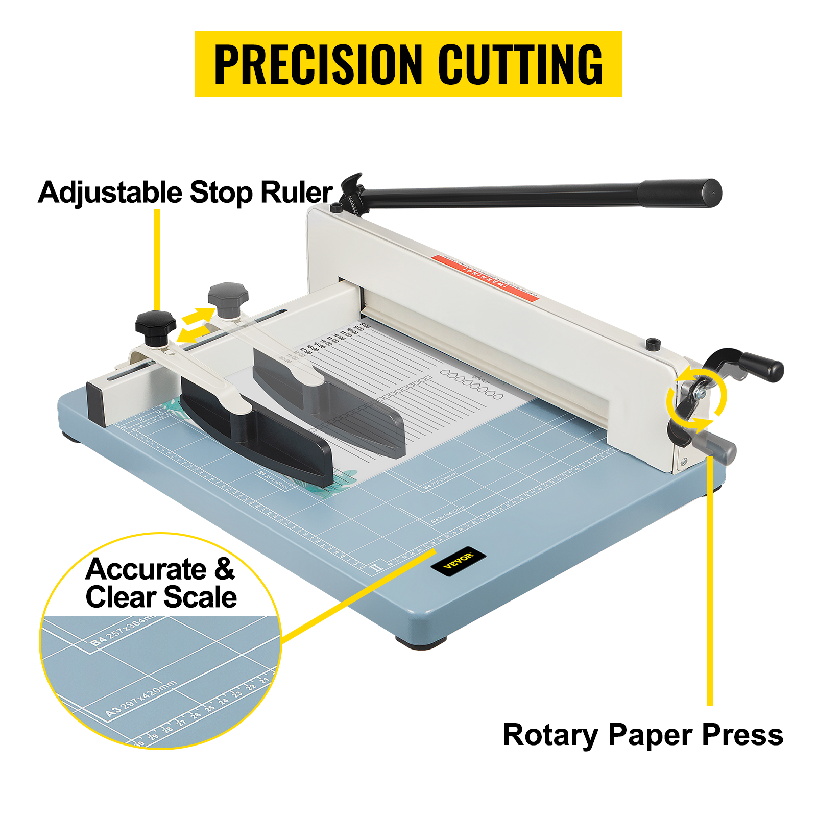 VEVOR industrial paper cutter with adjustable stop ruler, rotary paper press, and clear scale.
