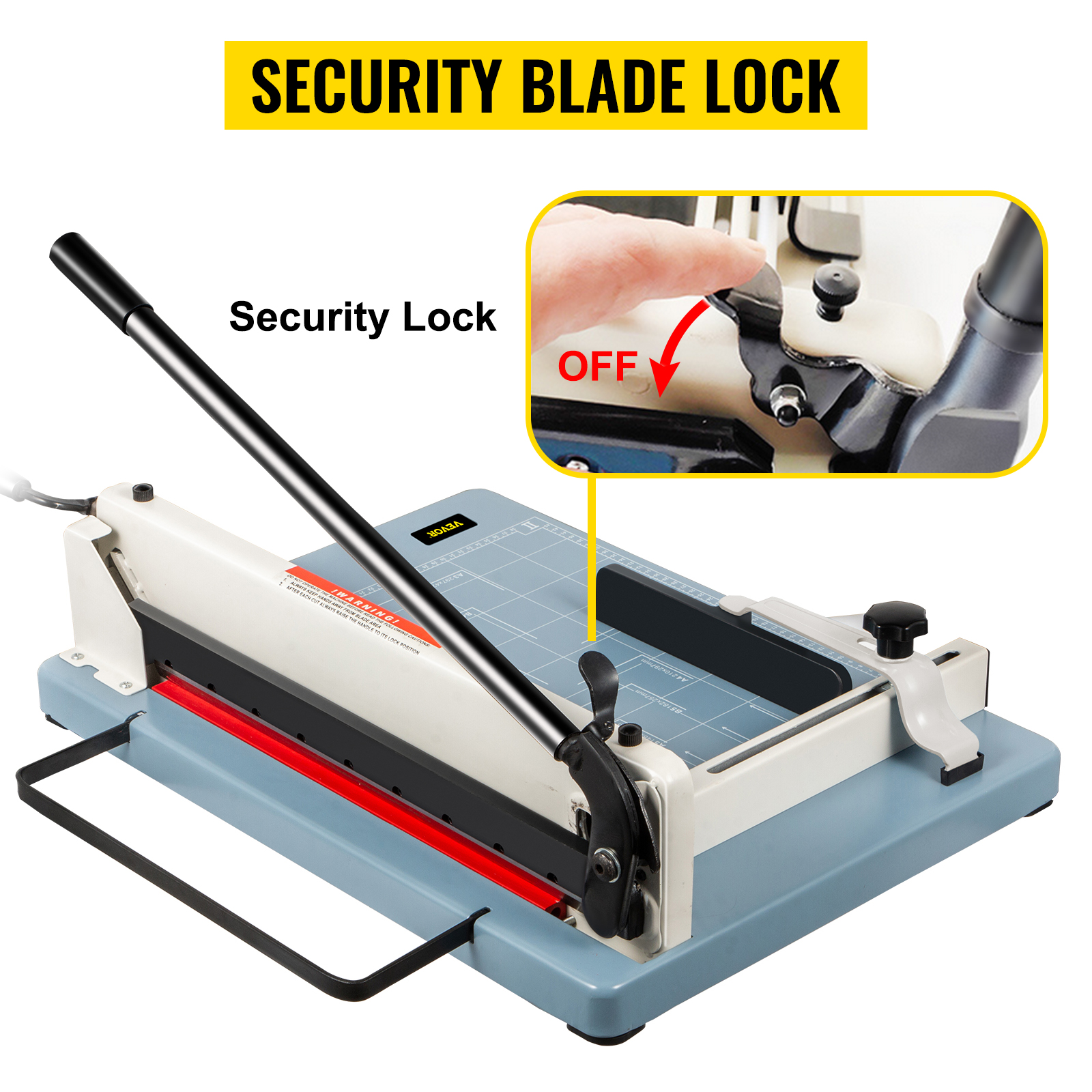 VEVOR industrial paper cutter with security blade lock and safety features.