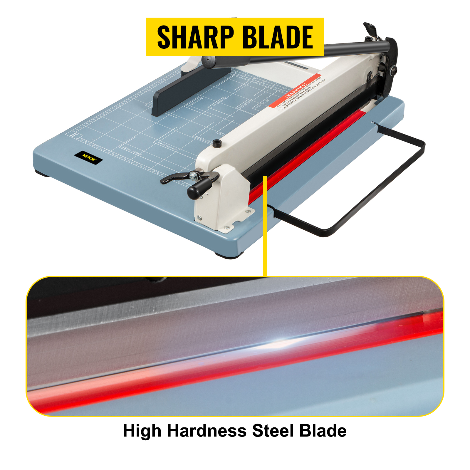VEVOR industrial paper cutter with high hardness steel sharp blade and blue cutting mat.