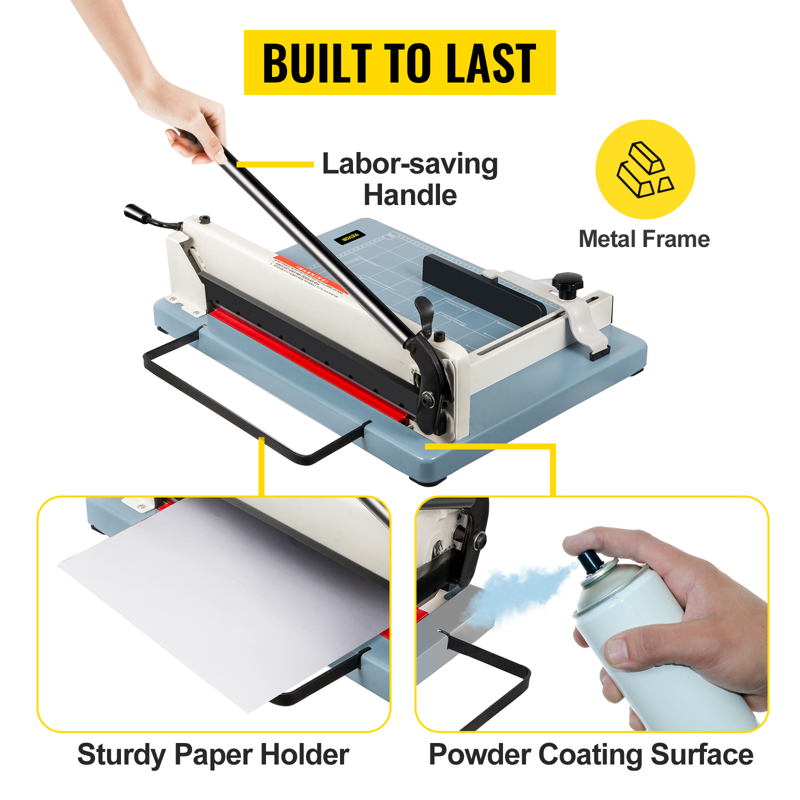 VEVOR industrial paper cutter with labor-saving handle, sturdy paper holder, metal frame.