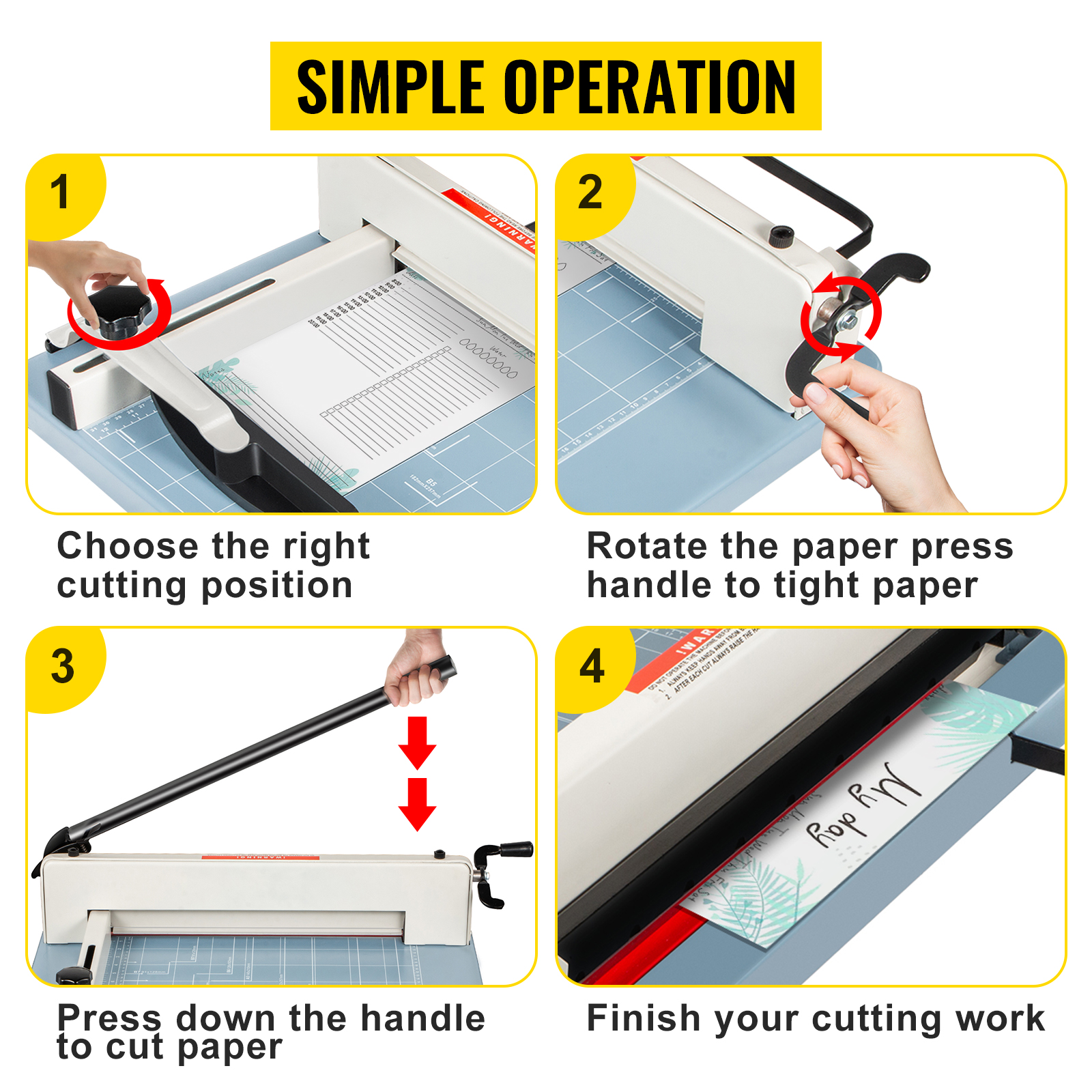 VEVOR industrial paper cutter user guide: choose position, press handle, cut, finish.