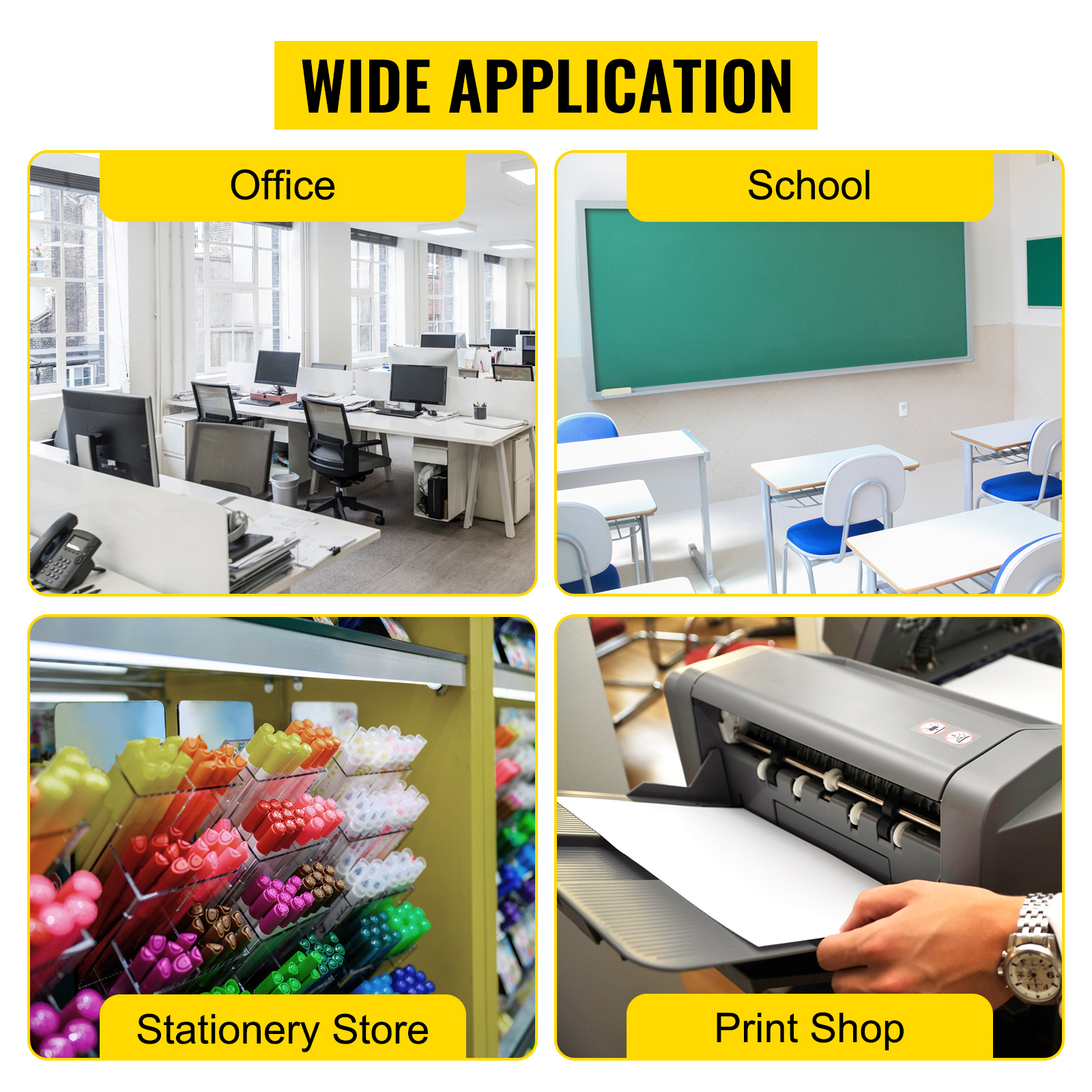 wide application of VEVOR industrial paper cutter in office, school, stationery store, print shop
