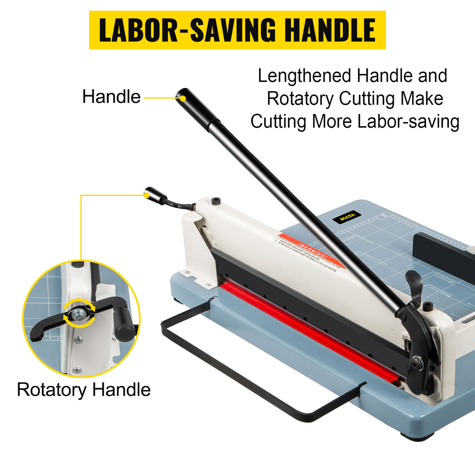 VEVOR industrial paper cutter with labor-saving lengthened and rotatory handle.