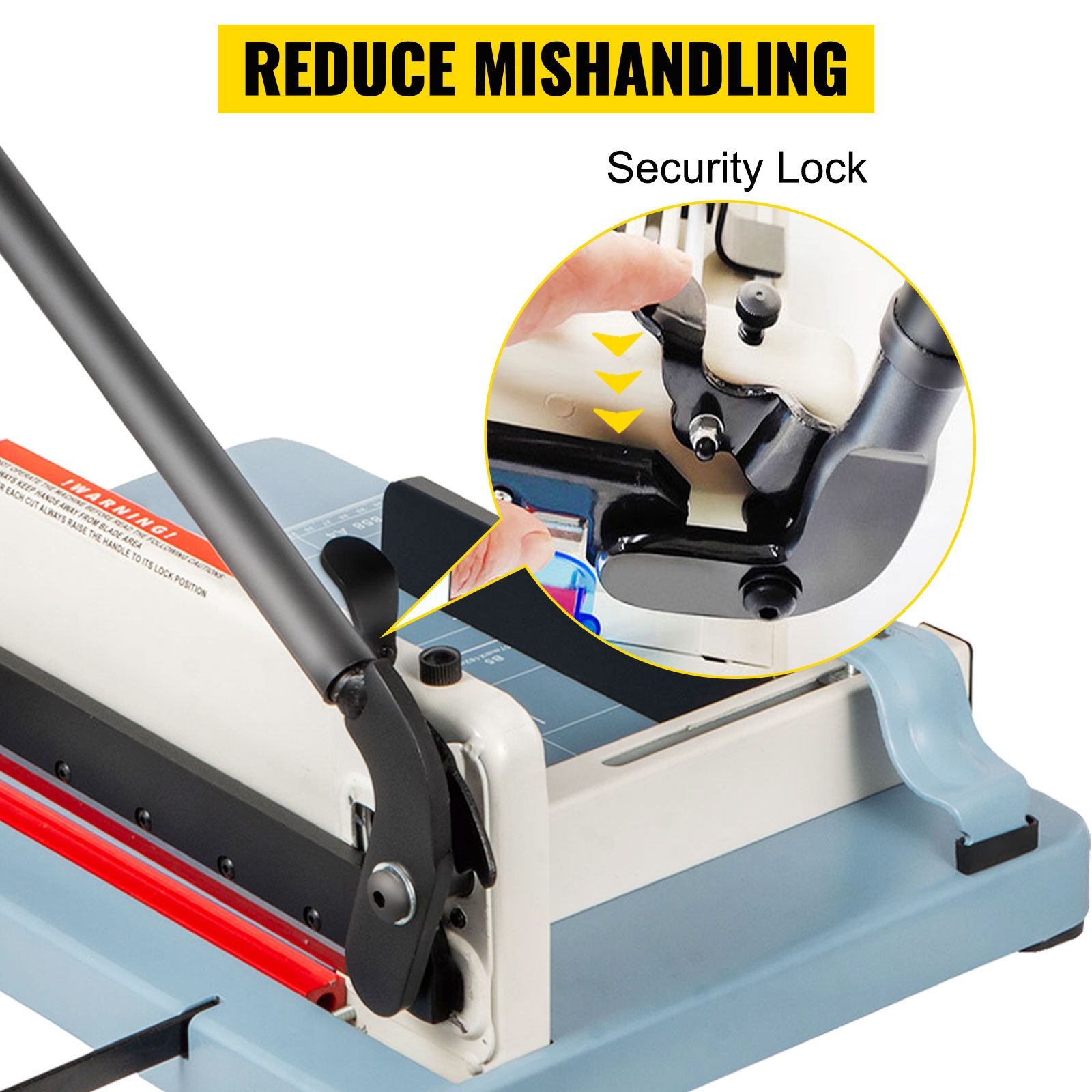 VEVOR industrial paper cutter with security lock and mishandling reduction features.