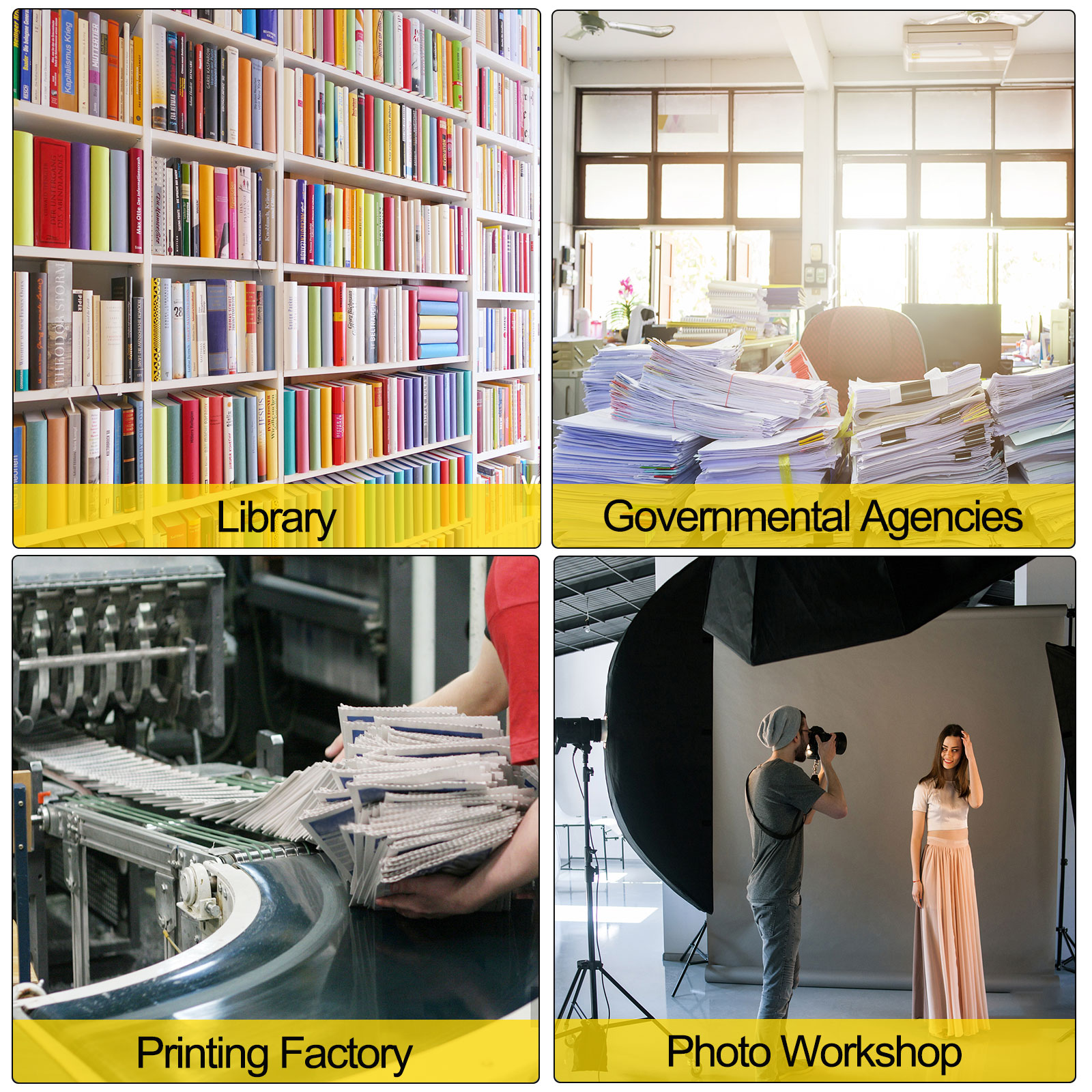 library shelves, paperwork in governmental agencies, printing factory, photo workshop.