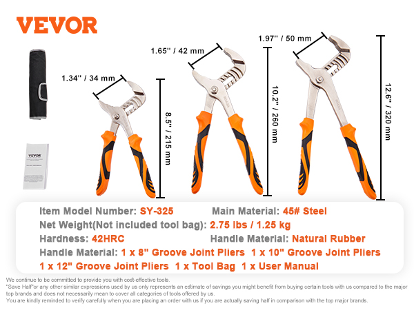 VEVOR groove joint pliers set with handle measurements, steel material, and tool bag details.