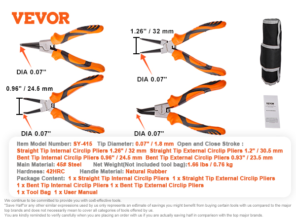 VEVOR snap ring pliers set with four pliers, black and orange handles, tool bag, and user manual.