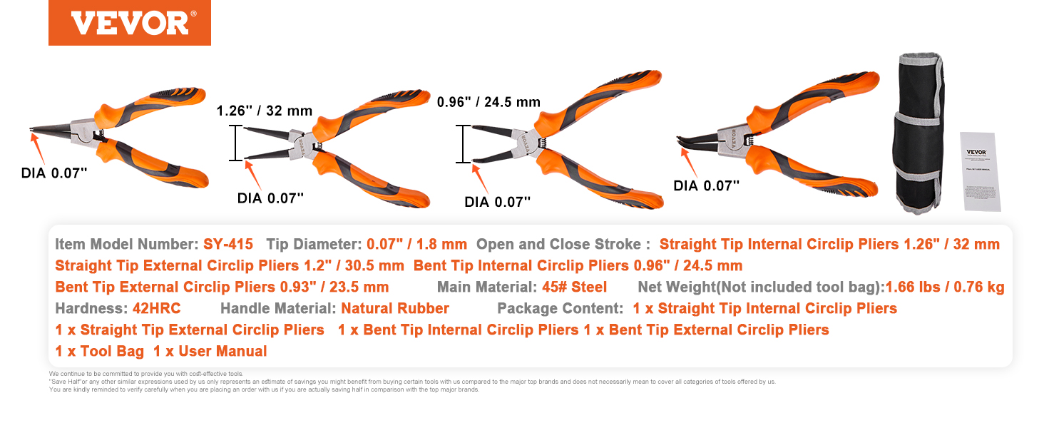 VEVOR snap ring pliers set with four pliers, black and orange handles, tool bag, and user manual.