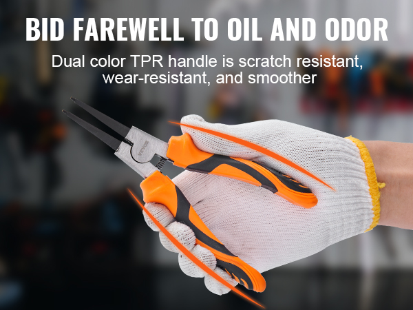 gloved hand holding VEVOR snap ring pliers set with dual-color tpr handles in a workshop.