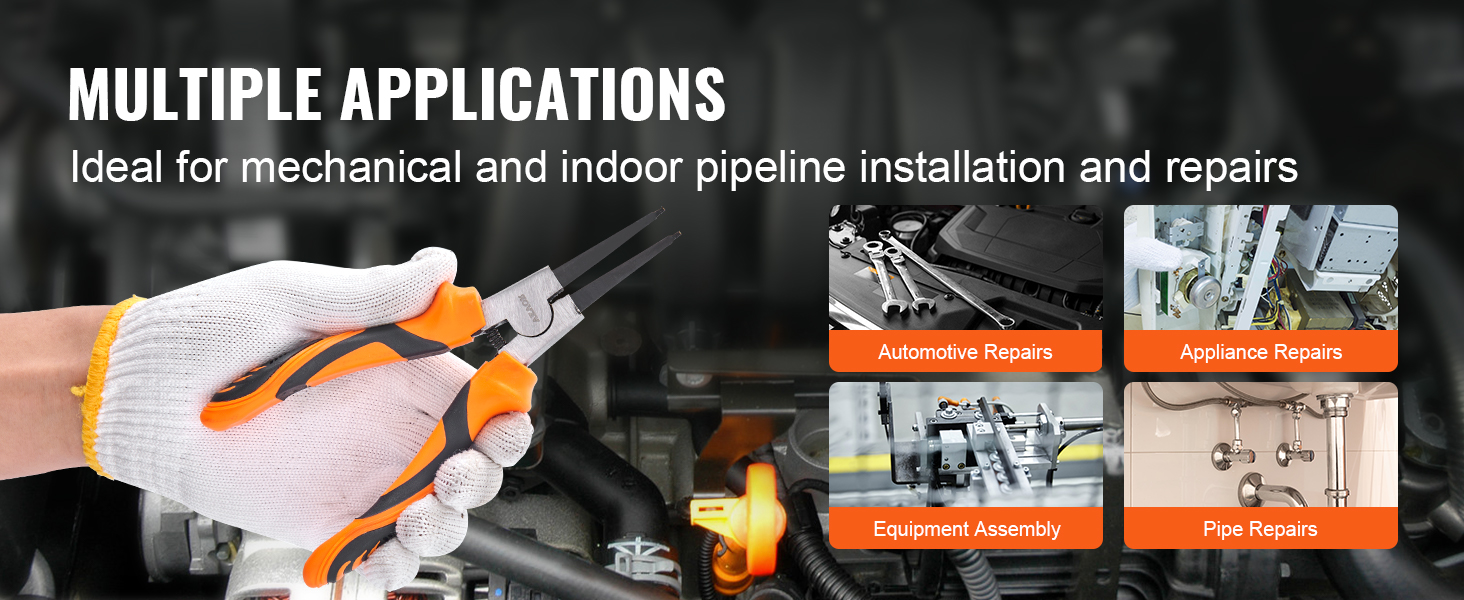 VEVOR snap ring pliers set in use for automotive, appliance, equipment, and pipe repairs.