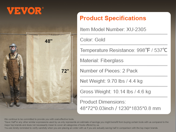 VEVOR welding blanket, 48x72 inches, fiberglass, temperature resistance up to 998°f, 2 pack.