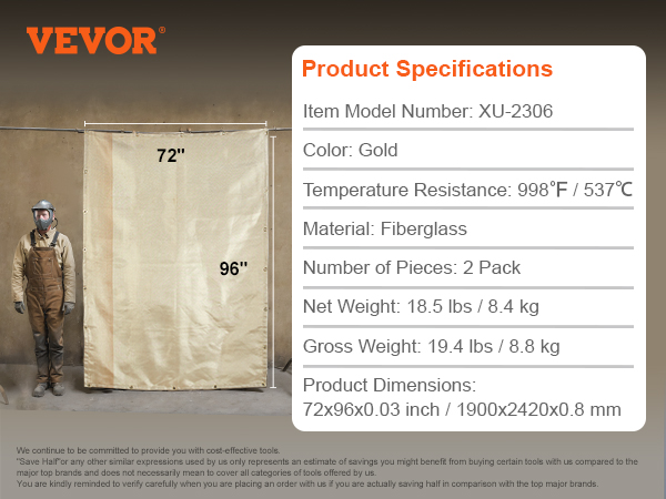 VEVOR welding blanket, gold, fiberglass, 72x96 inches, temperature resistance up to 998°f/537°c.