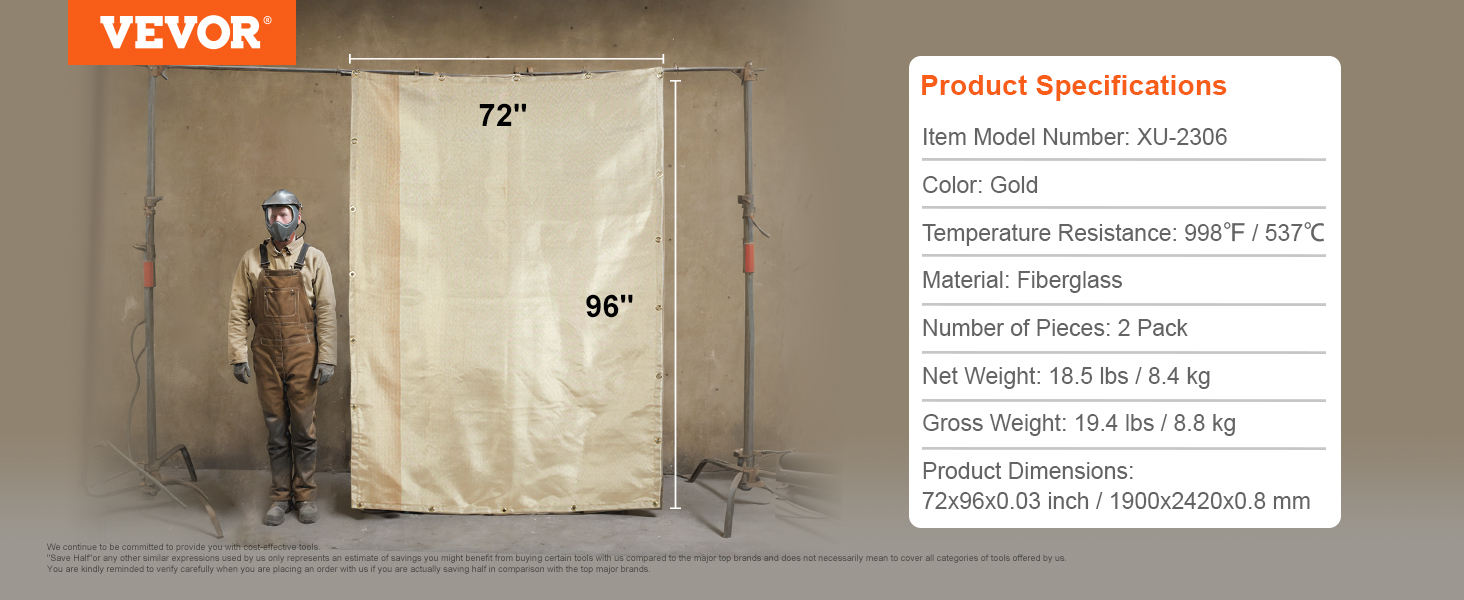 VEVOR welding blanket, gold, fiberglass, 72x96 inches, temperature resistance up to 998°f/537°c.
