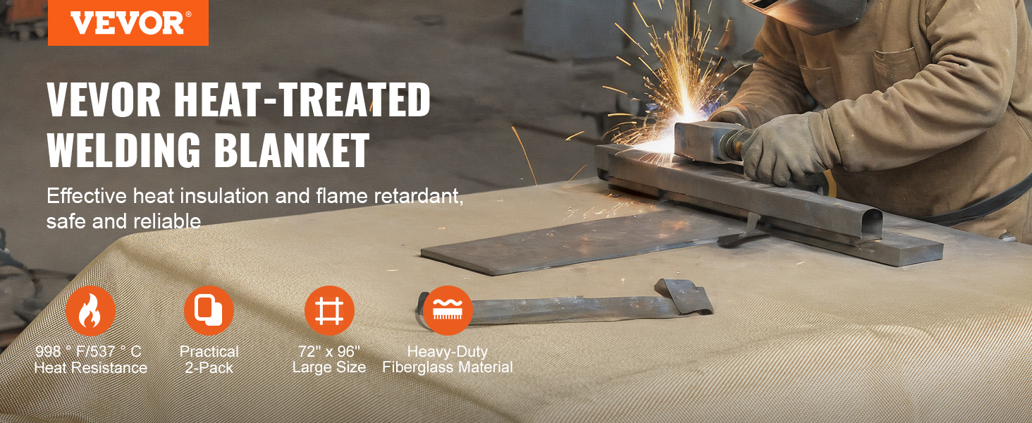 VEVOR welding blanket in use, providing heat insulation and flame retardation while welding metal sheets.