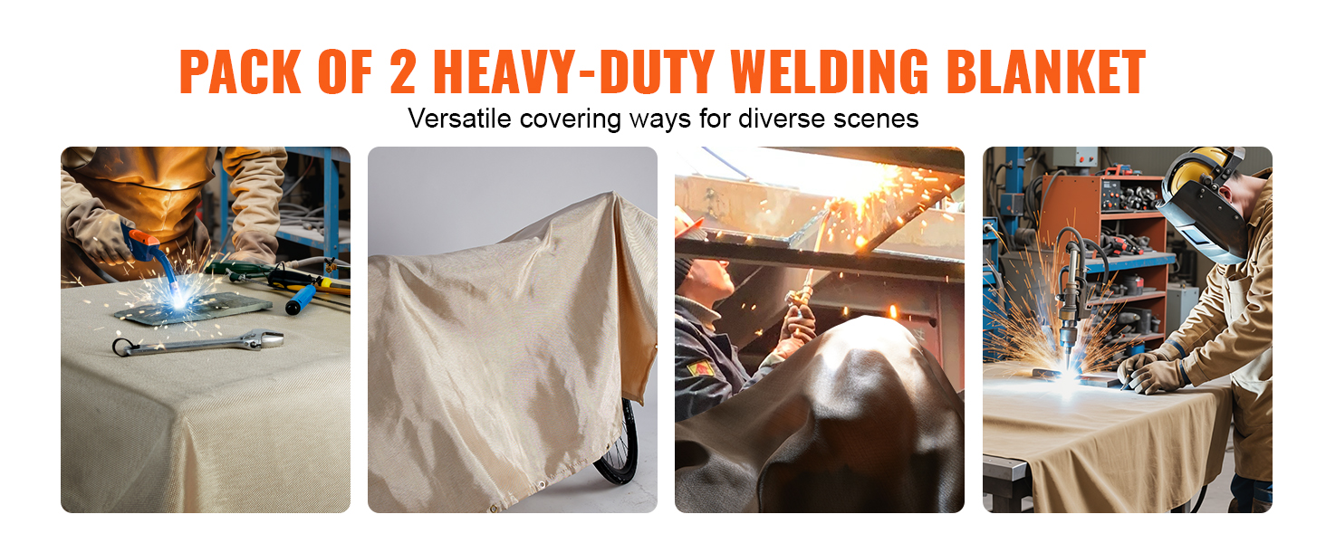 pack of 2 VEVOR welding blankets used in various settings, protecting equipment from sparks and heat.