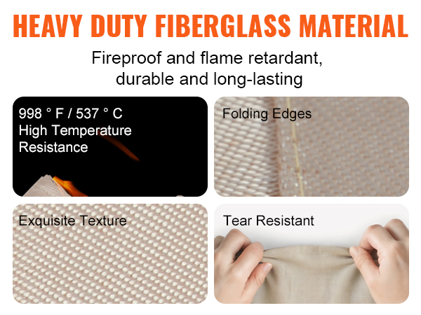 heavy-duty fiberglass material, 998°f/537°c resistance, fireproof, durable, VEVOR welding blanket.