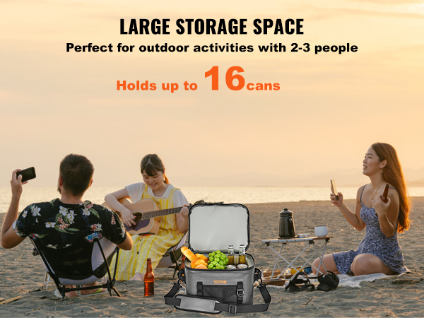 VEVOR soft cooler bag for beach outings, holds up to 16 cans, ideal for 2-3 people enjoying a sunset.