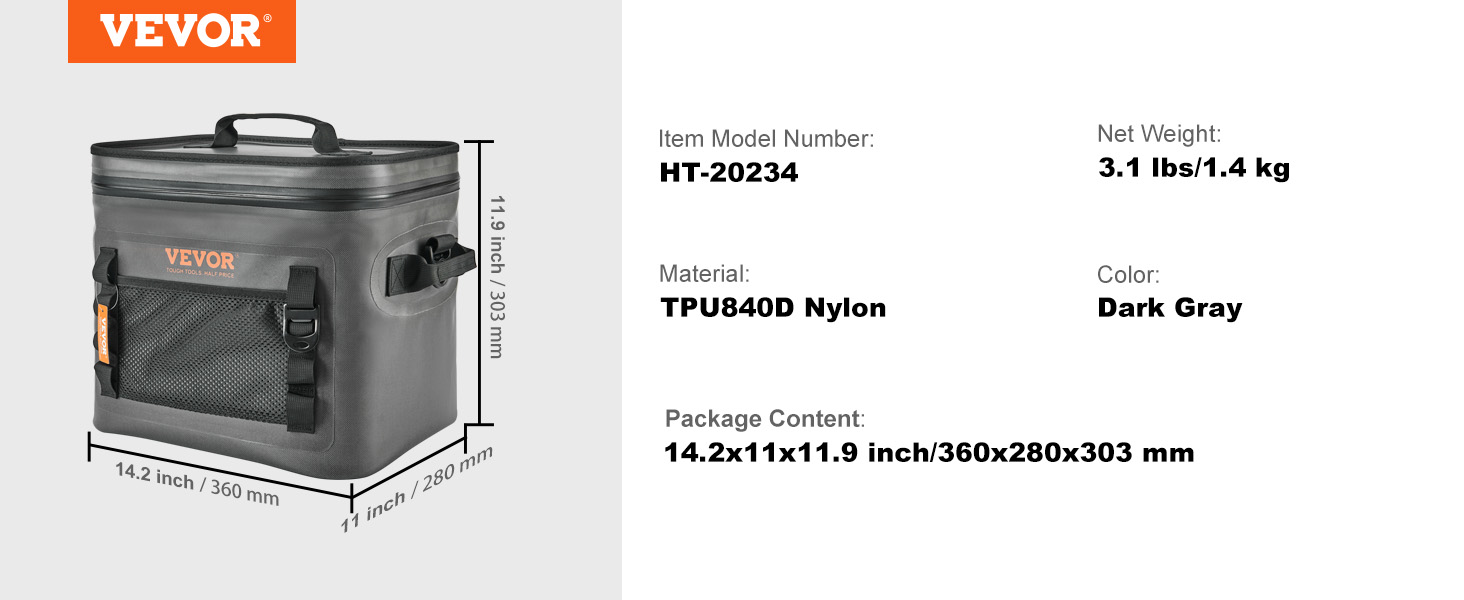 VEVOR soft cooler bag, dark gray, tpu840d nylon, 14.2x11x11.9 inches, 3.1 lbs, ht-20234.