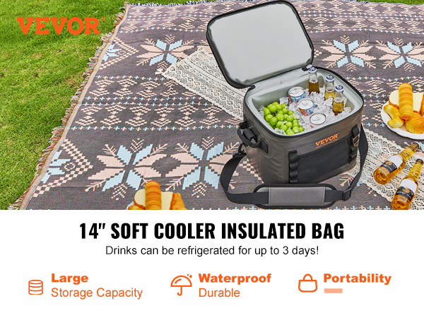 VEVOR soft cooler bag with drinks and snacks on a picnic blanket, offering large storage capacity.