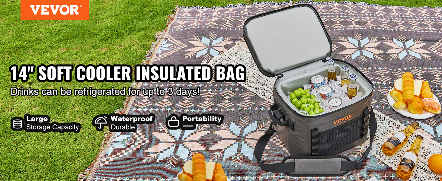VEVOR soft cooler bag with drinks and snacks on a picnic blanket, offering large storage capacity.