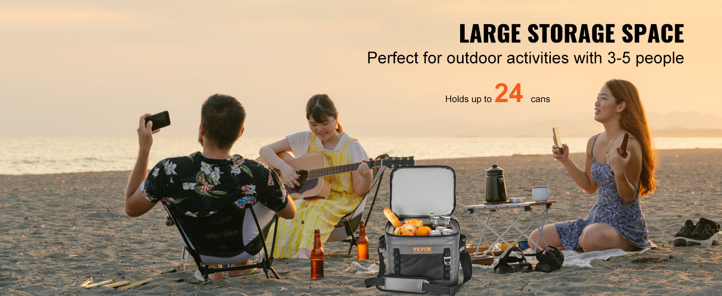 enjoy a beach picnic with friends, featuring the VEVOR soft cooler bag holding up to 24 cans.