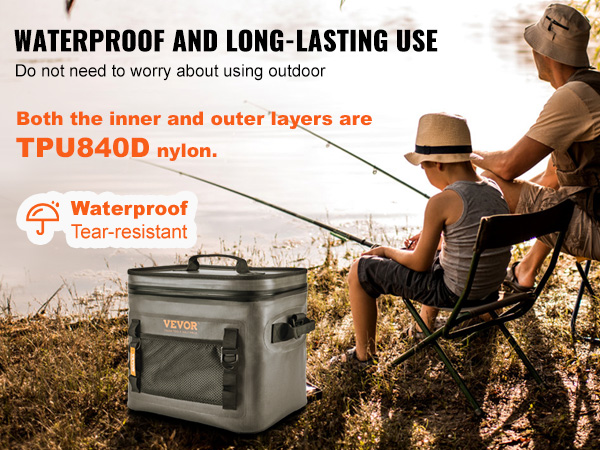 father and son fishing by a lake with a VEVOR soft cooler bag made of waterproof tpu840d nylon.