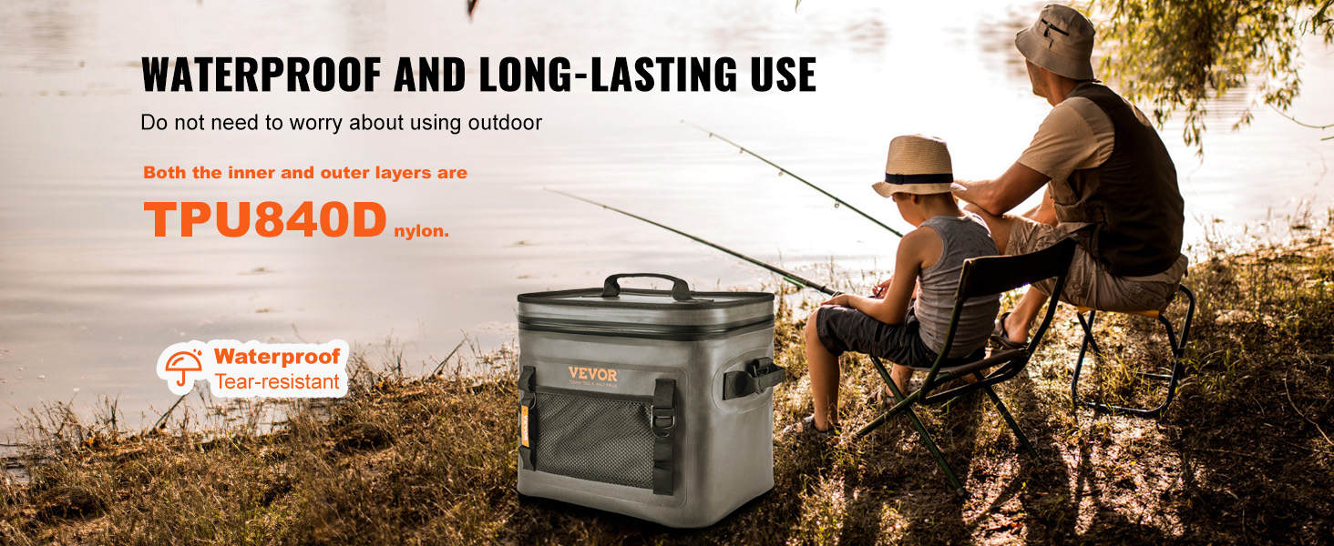 father and son fishing by a lake with a VEVOR soft cooler bag made of waterproof tpu840d nylon.