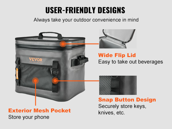 VEVOR soft cooler bag with wide flip lid, exterior mesh pocket, and snap button design for convenience.