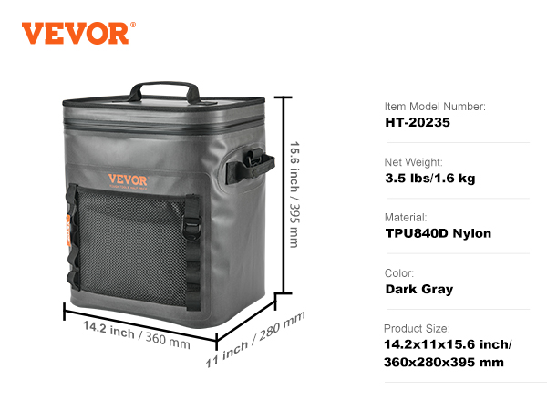 VEVOR soft cooler bag, 15.6x14.2x11 inches, dark gray, tpu840d nylon, model ht-20235, 3.5 lbs.