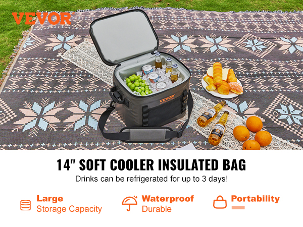 VEVOR soft cooler bag on a picnic blanket, filled with drinks, fruits, and ice, ideal for outdoor use.