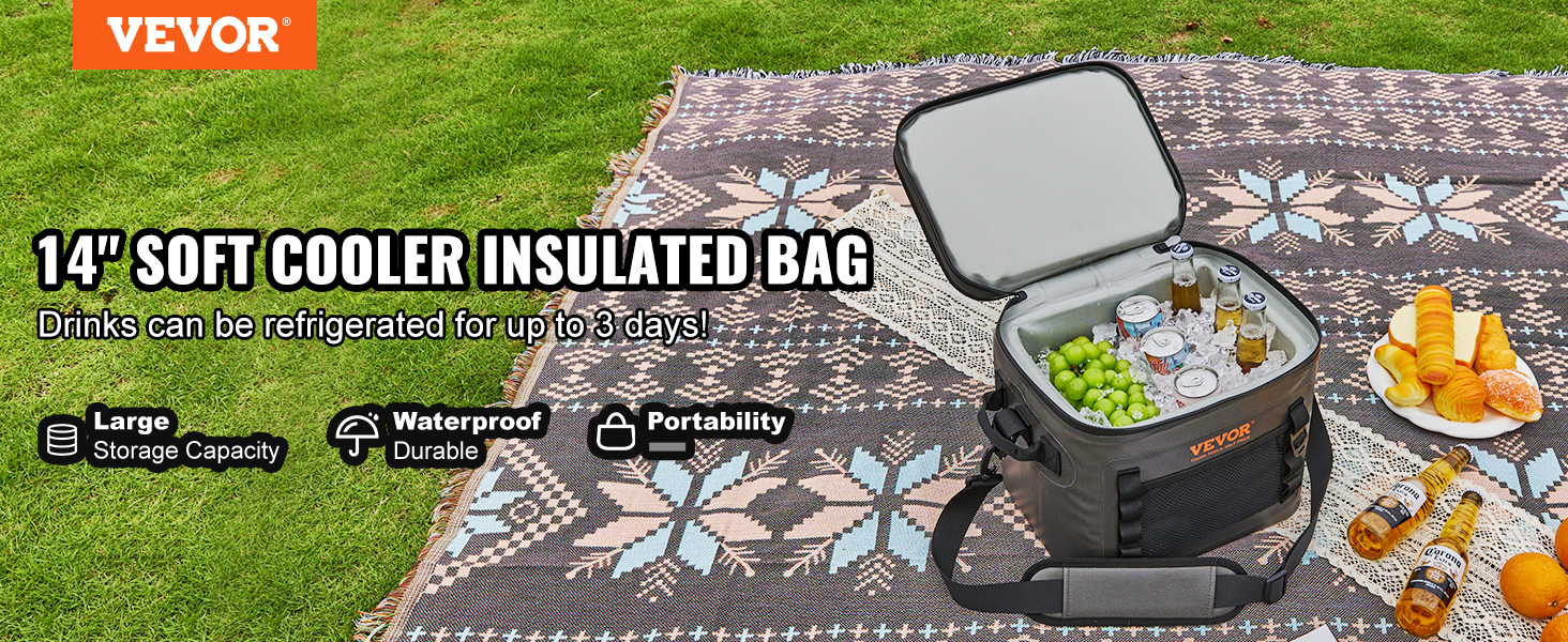 VEVOR soft cooler bag on a picnic blanket, filled with drinks, fruits, and ice, ideal for outdoor use.