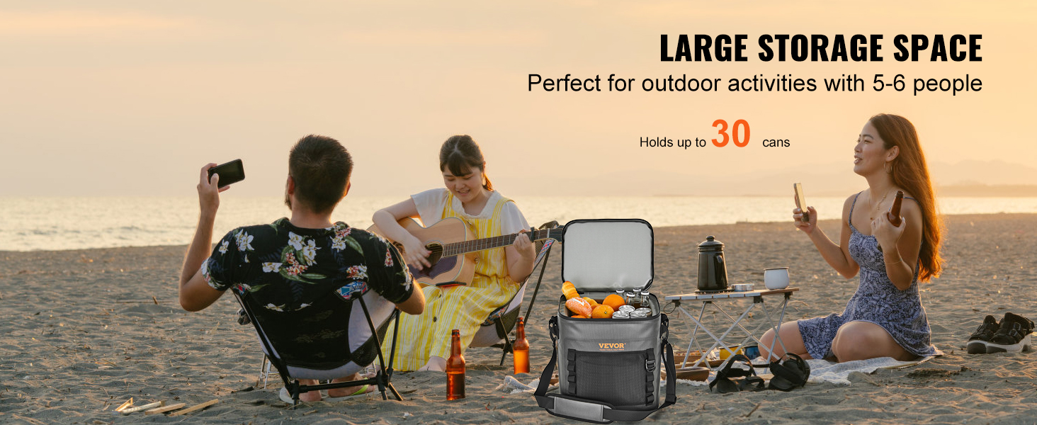 people enjoying a beach outing with VEVOR soft cooler bag holding snacks and drinks, sitting at sunset.