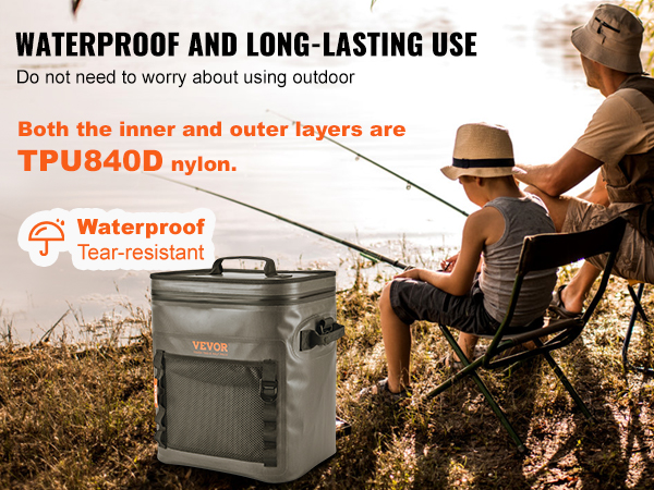 man and boy fishing by a lake with a waterproof VEVOR soft cooler bag, made of durable tpu840d nylon.