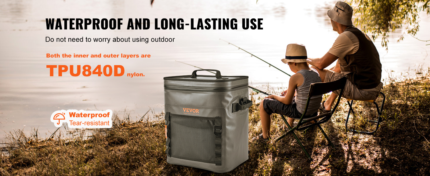 man and boy fishing by a lake with a waterproof VEVOR soft cooler bag, made of durable tpu840d nylon.