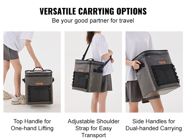 VEVOR soft cooler bag with versatile carrying options: top handle, shoulder strap, and side handles.