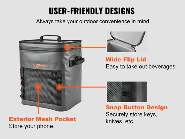 VEVOR soft cooler bag with exterior mesh pocket, wide flip lid, and snap button design for outdoor use.