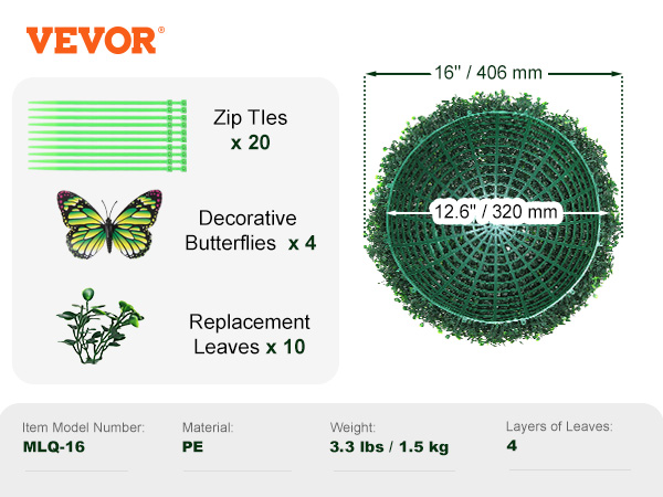 VEVOR artificial topiaries, 16" diameter, includes zip ties, decorative butterflies, replacement leaves.