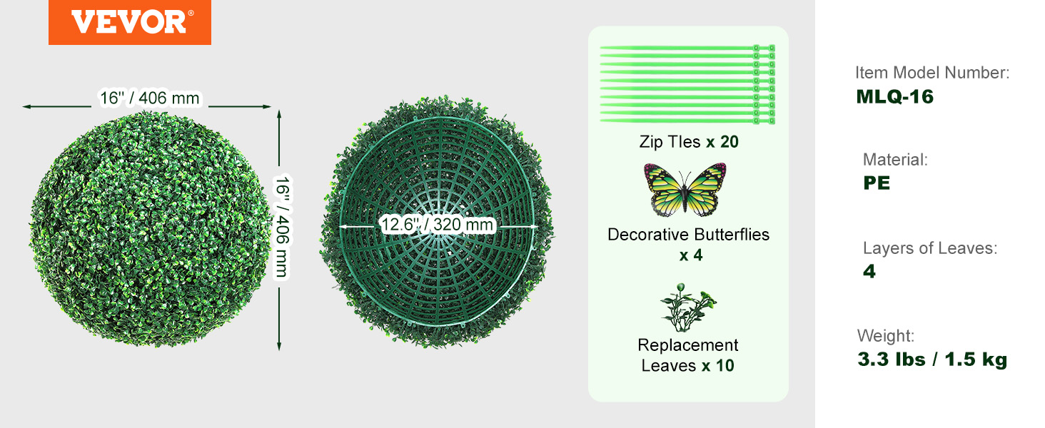 VEVOR artificial topiaries, 16" diameter, includes zip ties, decorative butterflies, replacement leaves.