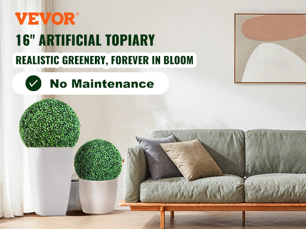 VEVOR 16" artificial topiary in white pots next to a gray couch, featuring realistic greenery.