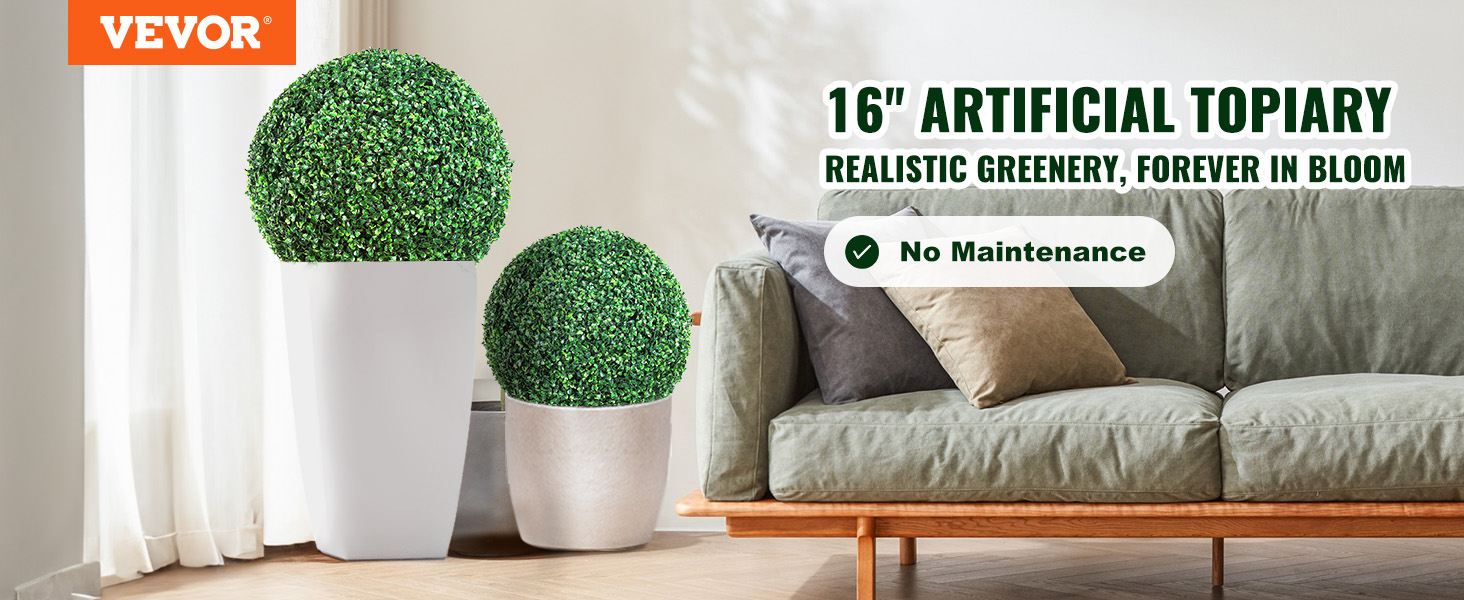 VEVOR 16" artificial topiary in white pots next to a gray couch, featuring realistic greenery.