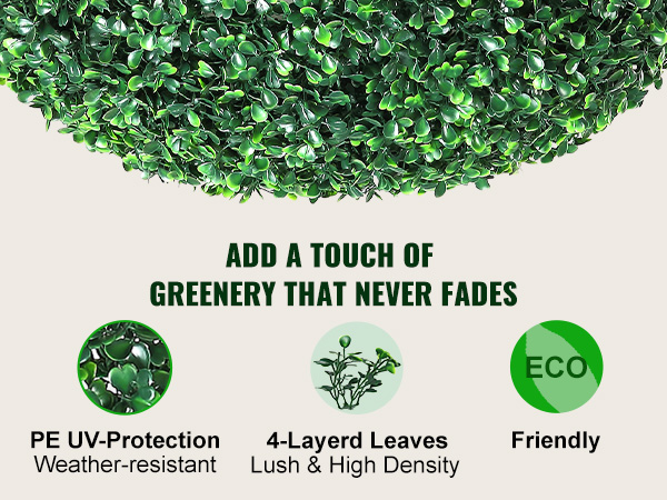 green VEVOR artificial topiaries with pe uv-protection, 4-layered leaves, eco-friendly features.
