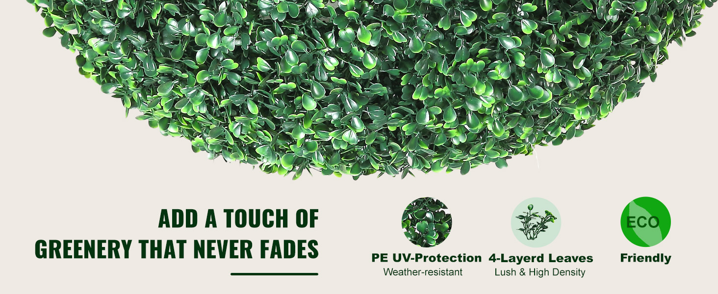 green VEVOR artificial topiaries with pe uv-protection, 4-layered leaves, eco-friendly features.