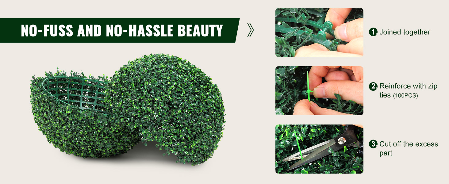 VEVOR artificial topiaries assembly with zip ties and precise cutting for easy, no-hassle installation.
